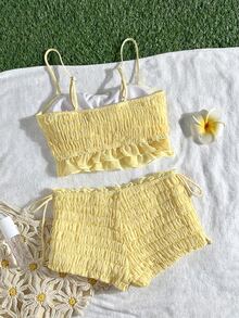 SHEIN Swim 雪纺荷叶边抹胸女士泳装套装，甜美少女比基尼两件套，海滩度假休闲百搭女士泳装，春夏款 - 淡黃色 - 查看 6