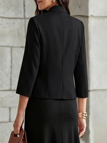 SHEIN 領口繫帶翻領設計大衣 黑色 秋冬 辦公室穿搭 簡約休閒 商務休閒 - 黑色 - 查看 2