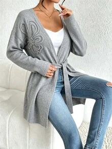 Elenzga Cardigan Rajut Longgar Elegan Ukuran Besar untuk Santai dan Perjalanan Musim Dingin - Grey - View 3