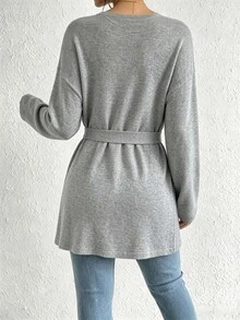 Elenzga Cardigan Rajut Longgar Elegan Ukuran Besar untuk Santai dan Perjalanan Musim Dingin - Grey - View 2