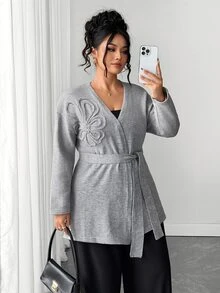 Elenzga Cardigan Rajut Longgar Elegan Ukuran Besar untuk Santai dan Perjalanan Musim Dingin - Grey - View 7