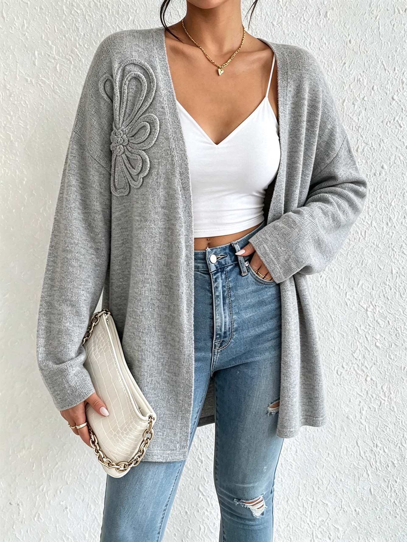 Elenzga Cardigan Rajut Longgar Elegan Ukuran Besar untuk Santai dan Perjalanan Musim Dingin - Grey - View 1