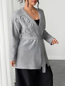 Elenzga Cardigan Rajut Longgar Elegan Ukuran Besar untuk Santai dan Perjalanan Musim Dingin - Grey - View 6