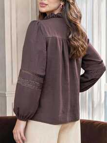 Auveirra Plus Size Lace Patchwork Button Shirt Teachers' Day Formal Office Birthday Cocktail Brown And Autumn Elegant Classy Business Casual - Brown - View 2