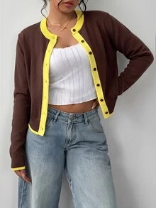 SHEIN BASICS Women's Fashion Contrast Color Button Knit Thin Cardigan - Coffee Brown - View 6