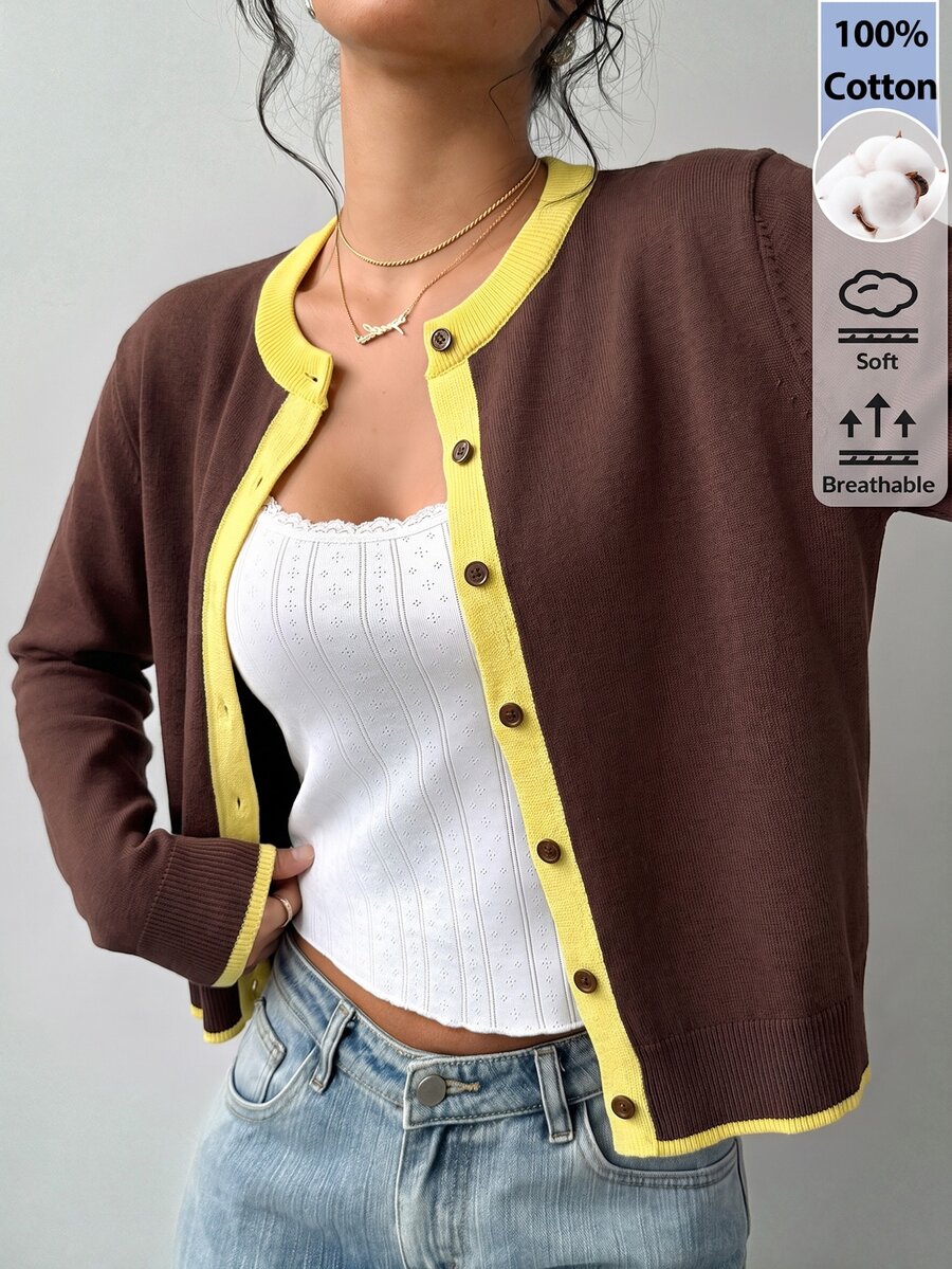 SHEIN BASICS Women's Fashion Contrast Color Button Knit Thin Cardigan - Coffee Brown - View 1