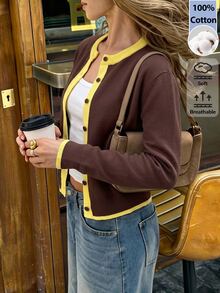 SHEIN BASICS Women's Fashion Contrast Color Button Knit Thin Cardigan - Coffee Brown - View 4