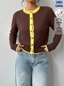 SHEIN BASICS Women's Fashion Contrast Color Button Knit Thin Cardigan - Coffee Brown - View 5