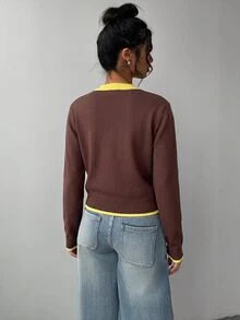 SHEIN BASICS Women's Fashion Contrast Color Button Knit Thin Cardigan - Coffee Brown - View 2