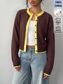 SHEIN BASICS Women's Fashion Contrast Color Button Knit Thin Cardigan - Coffee Brown - View 3