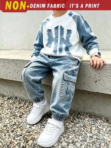 2pcs/Set Young Boy Minimalist Crew Neck Sweatshirt Cargo Pants Outfit, English Letter All-Over Print Design, Ring Bearer, Autumn, Party - Multicolor - View 4