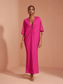 JIAN LASALA Gaun Panjang Model O-Ring Bahu Terbuka Jala Warna Pink, Elegan untuk Pesta dan Liburan - Berwarna merah muda - View 3