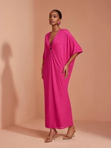 JIAN LASALA Gaun Panjang Model O-Ring Bahu Terbuka Jala Warna Pink, Elegan untuk Pesta dan Liburan - Berwarna merah muda - View 6