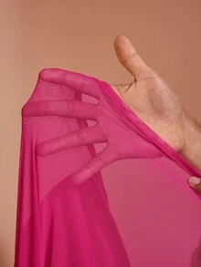 JIAN LASALA Gaun Panjang Model O-Ring Bahu Terbuka Jala Warna Pink, Elegan untuk Pesta dan Liburan - Berwarna merah muda - View 7