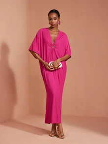 JIAN LASALA Gaun Panjang Model O-Ring Bahu Terbuka Jala Warna Pink, Elegan untuk Pesta dan Liburan - Berwarna merah muda - View 4