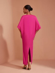 JIAN LASALA Gaun Panjang Model O-Ring Bahu Terbuka Jala Warna Pink, Elegan untuk Pesta dan Liburan - Berwarna merah muda - View 2