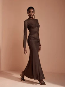 JIAN LASALA Dark Brown Mesh Long Sleeve Round Neckline Ruched Cutout Long Dress Elegant Sexy Party Night Out Vacation - Rust Brown - View 4