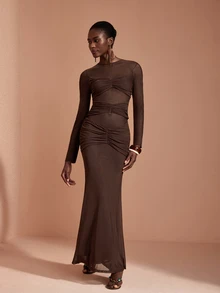 JIAN LASALA Dark Brown Mesh Long Sleeve Round Neckline Ruched Cutout Long Dress Elegant Sexy Party Night Out Vacation - Rust Brown - View 3