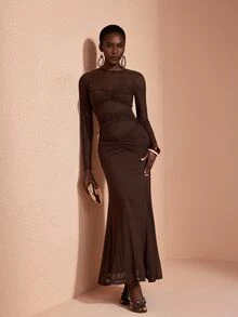 JIAN LASALA Dark Brown Mesh Long Sleeve Round Neckline Ruched Cutout Long Dress Elegant Sexy Party Night Out Vacation - Rust Brown - View 6