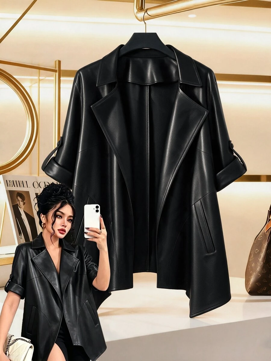 GlowEve CURVE Plus-Size Women's Asymmetrical Leather Blazer For Everyday Wear, Suitable For Commuting And Evening Events. New Autumn Style In Black.