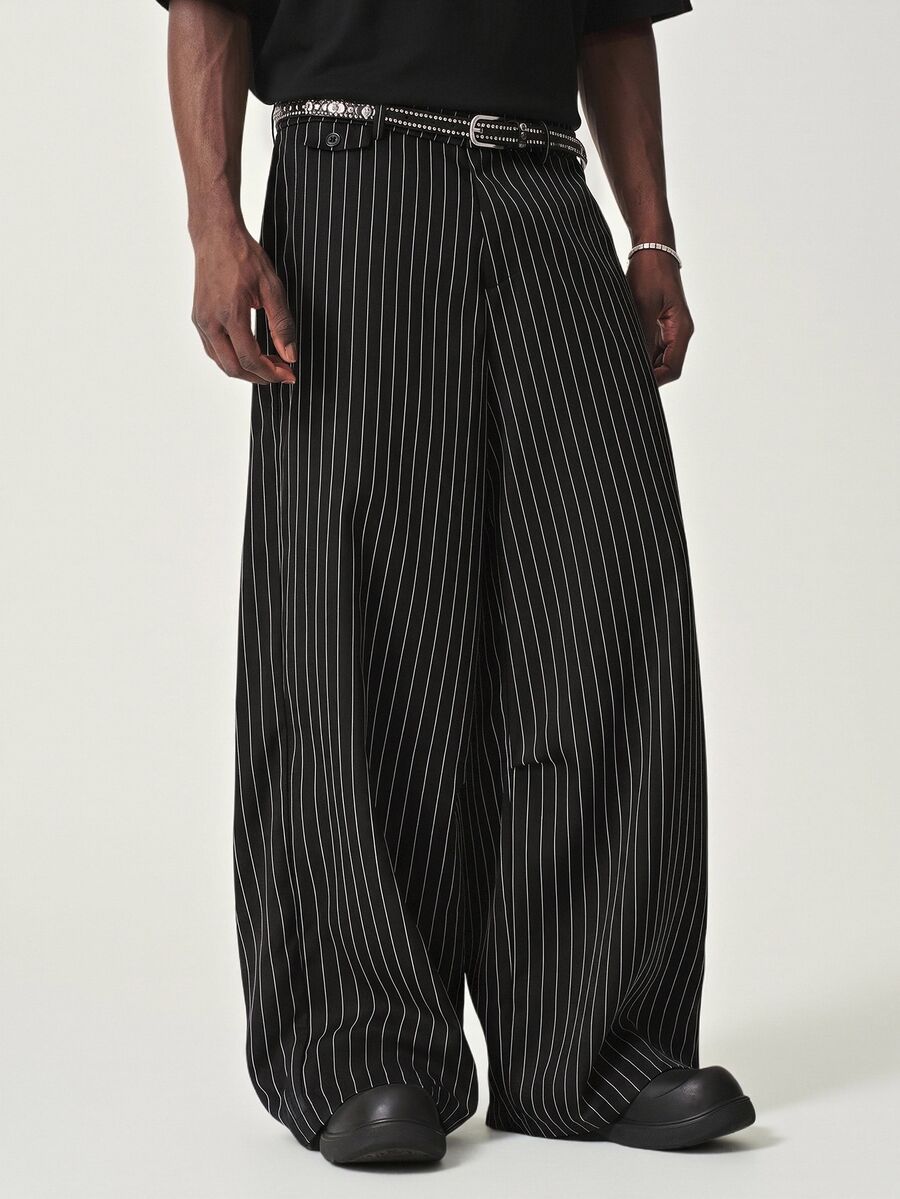 STYNVO Men's Striped Casual Wide Leg Trousers - Black - View 1
