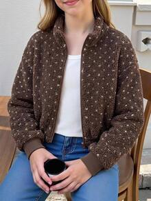 SHEIN Sparklyn 青少年女孩秋冬棕色小波點抓絨水印夾克，生日派對立領前拉鍊袖口收口毛茸茸外套，適合戶外穿著 - 咖啡棕 - 查看 5