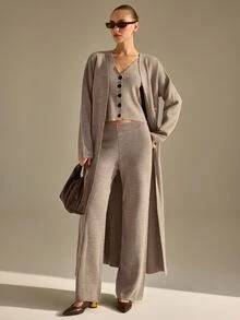 CLARA VERO Turquoise Purple Elegant Three Pieces Palazzo Knit Set, Relaxed Fit, Open Cardigan, Button Front Vest, Wide Leg Palazzo Pants, Autumn Winter Travel - Brown - View 7