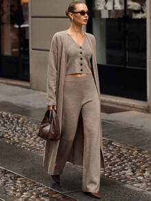 CLARA VERO Turquoise Purple Elegant Three Pieces Palazzo Knit Set, Relaxed Fit, Open Cardigan, Button Front Vest, Wide Leg Palazzo Pants, Autumn Winter Travel - Brown - View 3