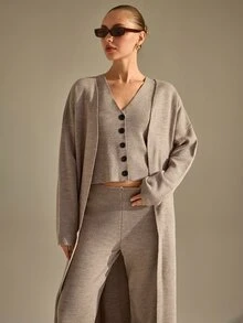 CLARA VERO Turquoise Purple Elegant Three Pieces Palazzo Knit Set, Relaxed Fit, Open Cardigan, Button Front Vest, Wide Leg Palazzo Pants, Autumn Winter Travel - Brown - View 5