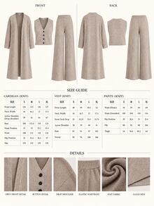 CLARA VERO Turquoise Purple Elegant Three Pieces Palazzo Knit Set, Relaxed Fit, Open Cardigan, Button Front Vest, Wide Leg Palazzo Pants, Autumn Winter Travel - Brown - View 11