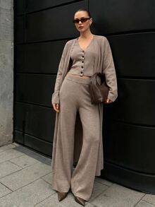 CLARA VERO Turquoise Purple Elegant Three Pieces Palazzo Knit Set, Relaxed Fit, Open Cardigan, Button Front Vest, Wide Leg Palazzo Pants, Autumn Winter Travel - Brown - View 9