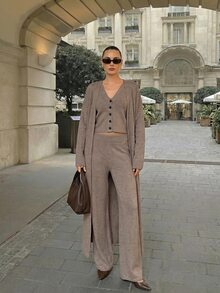 CLARA VERO Turquoise Purple Elegant Three Pieces Palazzo Knit Set, Relaxed Fit, Open Cardigan, Button Front Vest, Wide Leg Palazzo Pants, Autumn Winter Travel - Brown - View 8