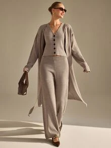 CLARA VERO Turquoise Purple Elegant Three Pieces Palazzo Knit Set, Relaxed Fit, Open Cardigan, Button Front Vest, Wide Leg Palazzo Pants, Autumn Winter Travel - Brown - View 4
