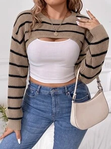 Elenzga Plus Size Women's Autumn Asymmetrical Round Neck Loose Casual Knit Short Top, Pique Pattern Machine Knit Daily Colorblock Pullover Sweater - Mocha Brown - View 4