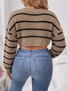 Elenzga Plus Size Women's Autumn Asymmetrical Round Neck Loose Casual Knit Short Top, Pique Pattern Machine Knit Daily Colorblock Pullover Sweater - Mocha Brown - View 3