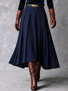 SHEIN PETITE CURVE Rok Lipit Kasual Warna Polos Gaya Preppy untuk Wanita Ukuran Plus (Musim Gugur) - Navy Blue - View 6