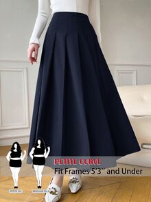 SHEIN PETITE CURVE Rok Lipit Kasual Warna Polos Gaya Preppy untuk Wanita Ukuran Plus (Musim Gugur) - Navy Blue - View 1