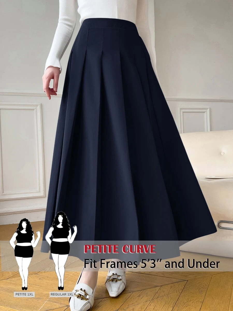 SHEIN PETITE CURVE Plus Size Women's Solid Color Preppy Pleated Casual Skirt Fall - Navy Blue - View 1