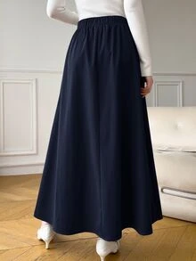 SHEIN PETITE CURVE Rok Lipit Kasual Warna Polos Gaya Preppy untuk Wanita Ukuran Plus (Musim Gugur) - Navy Blue - View 2