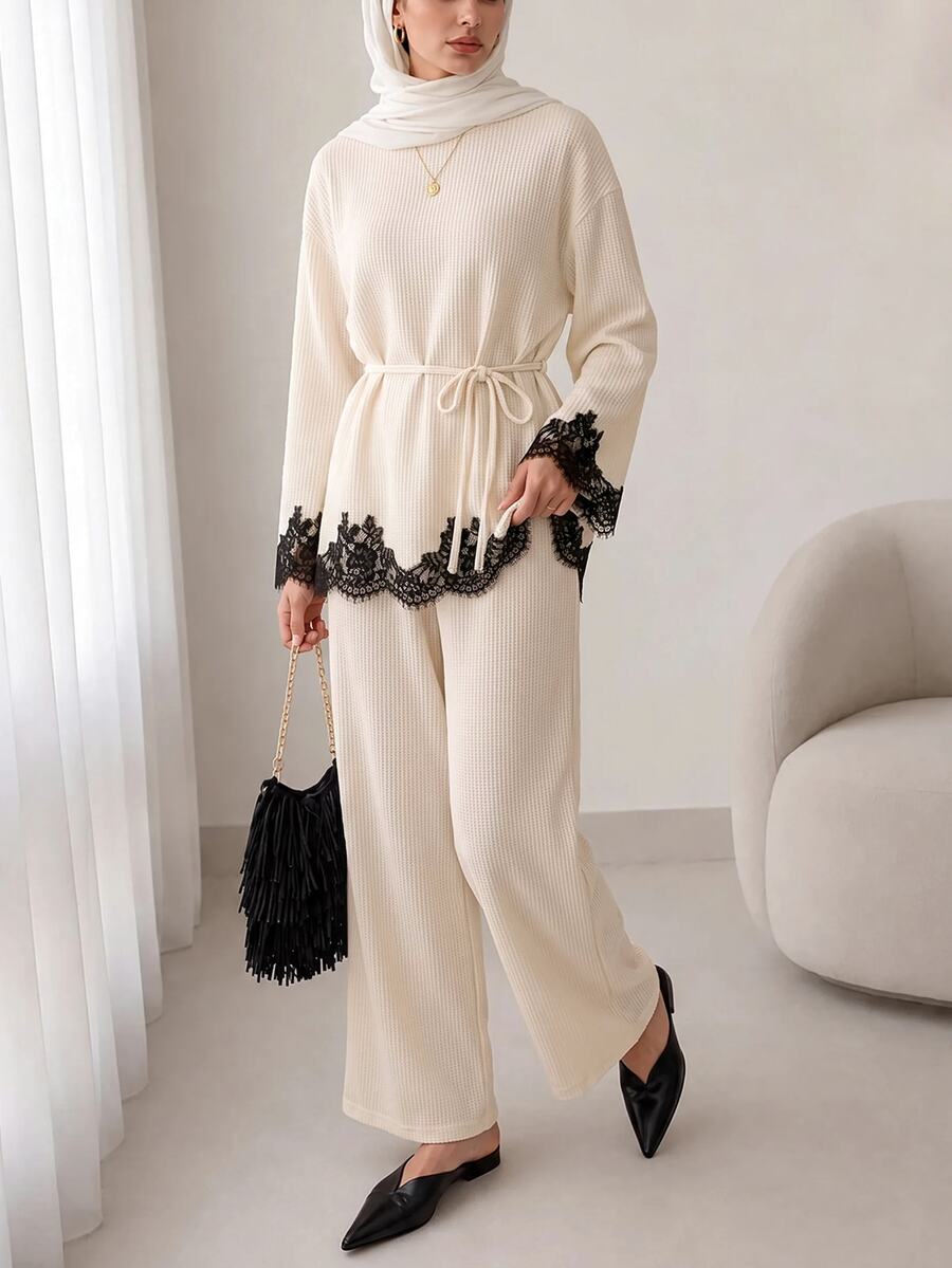 Feyla Women's Contrast Lace Drop Shoulder Long Sleeve Top And Straight Leg Pants 2 Pieces Set - Apricot - View 1