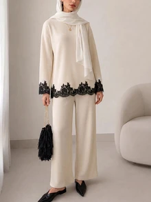 Feyla Women's Contrast Lace Drop Shoulder Long Sleeve Top And Straight Leg Pants 2 Pieces Set - Apricot - View 6