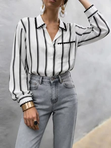 Cévolie Black And White Striped Single-Breasted Dropped Shoulder Sleeve Pocket Casual Elegant French Shirt Brunch Fall Office - Black and White - View 3