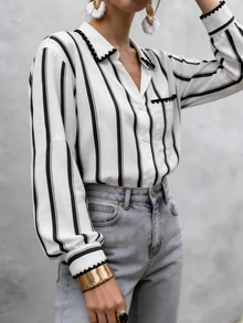 Cévolie Black And White Striped Single-Breasted Dropped Shoulder Sleeve Pocket Casual Elegant French Shirt Brunch Fall Office - Black and White - View 4