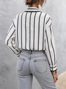 Cévolie Black And White Striped Single-Breasted Dropped Shoulder Sleeve Pocket Casual Elegant French Shirt Brunch Fall Office - Black and White - View 2