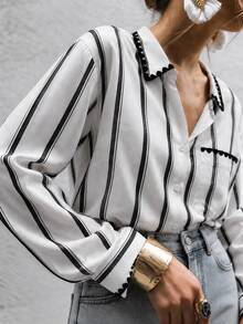 Cévolie Black And White Striped Single-Breasted Dropped Shoulder Sleeve Pocket Casual Elegant French Shirt Brunch Fall Office - Black and White - View 1