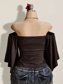 SHEIN ICON Women's Solid Color Off Shoulder Ruched Waist Top - Brown - View 2