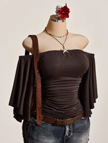 SHEIN ICON Women's Solid Color Off Shoulder Ruched Waist Top - Brown - View 1