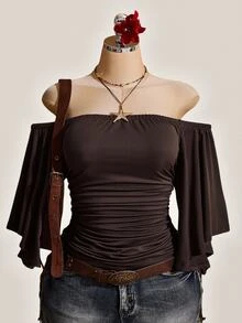 SHEIN ICON Women's Solid Color Off Shoulder Ruched Waist Top - Brown - View 11