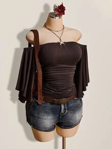 SHEIN ICON Women's Solid Color Off Shoulder Ruched Waist Top - Brown - View 5