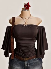 SHEIN ICON Women's Solid Color Off Shoulder Ruched Waist Top - Brown - View 12